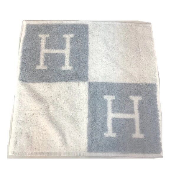 HERMES H logo Avalon Hand towel towel cotton Blue x White Unused - Picture 2 of 7